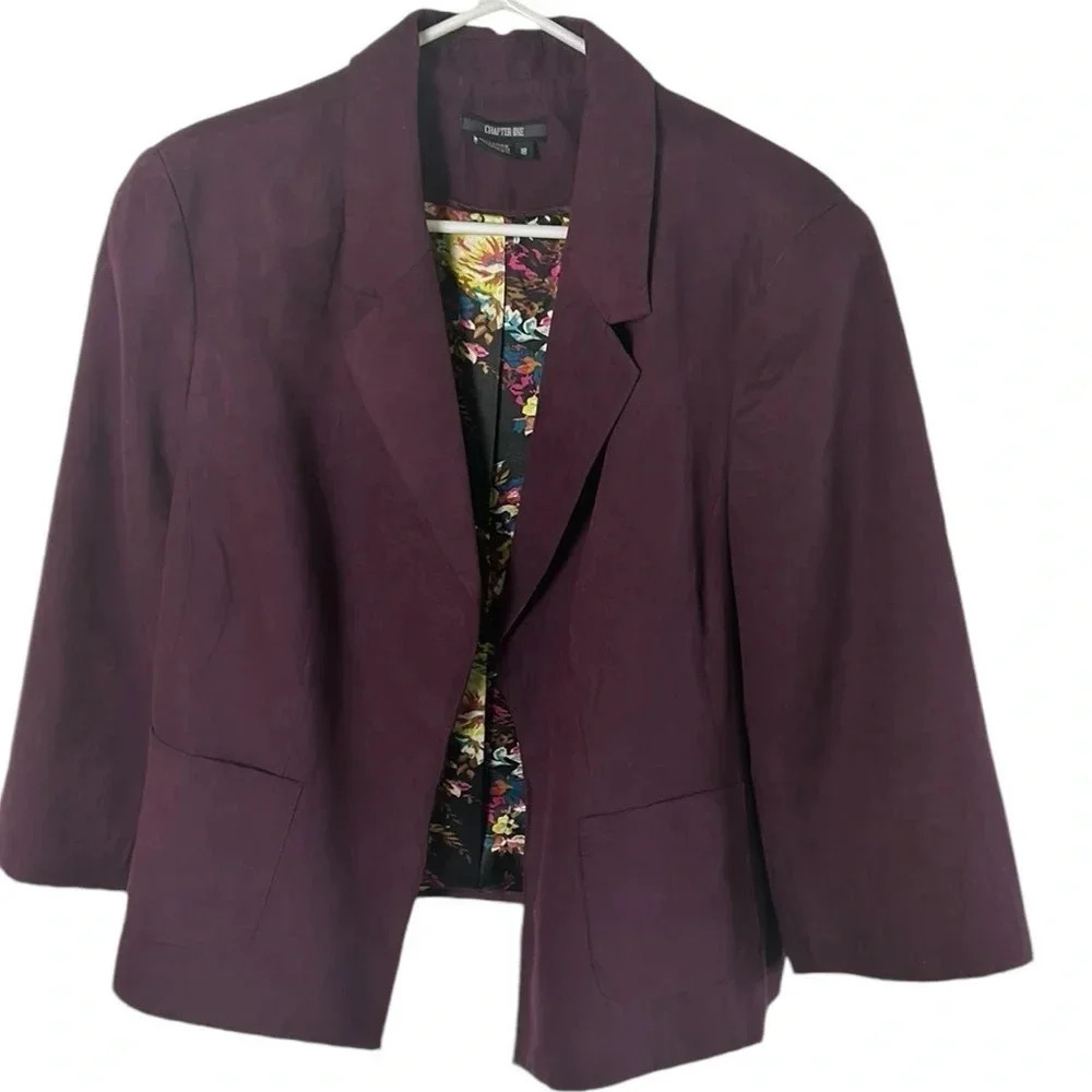Burgundy microsuede,vegan  blazer,size  18,open front,boxy,notch lapel,career,EC